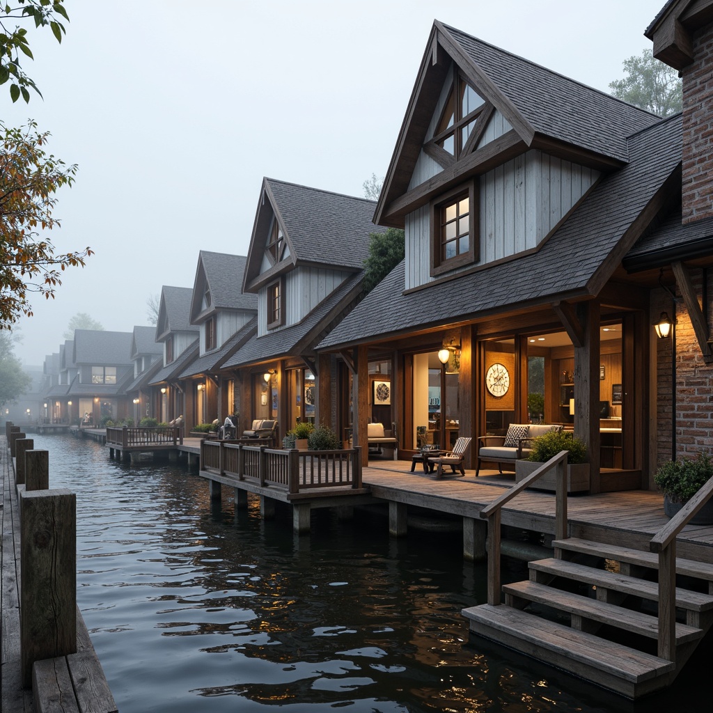 Prompt: Waterfront location, wooden dock, vintage boathouse, Victorian-style architecture, ornate facades, steeply pitched roofs, decorative gables, intricate wood carvings, rustic wooden textures, nautical-themed decorations, antique marine instruments, distressed finishes, soft warm lighting, shallow depth of field, 1/2 composition, realistic water reflections, misty atmosphere, serene natural surroundings.