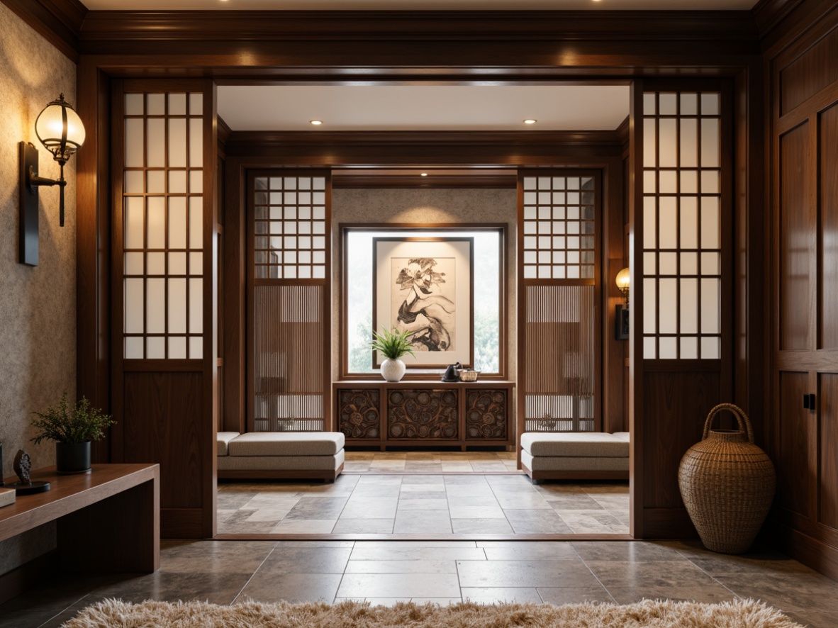 Prompt: Asian-inspired entryway, traditional Japanese sliding doors, ornate wooden panels, natural stone flooring, dark wood console table, intricate carvings, lantern-style lighting fixtures, woven bamboo baskets, plush area rug, statement piece of abstract artwork, minimal ornamentation, subtle color palette, warm ambient lighting, shallow depth of field, 1/2 composition, realistic textures, soft focus.