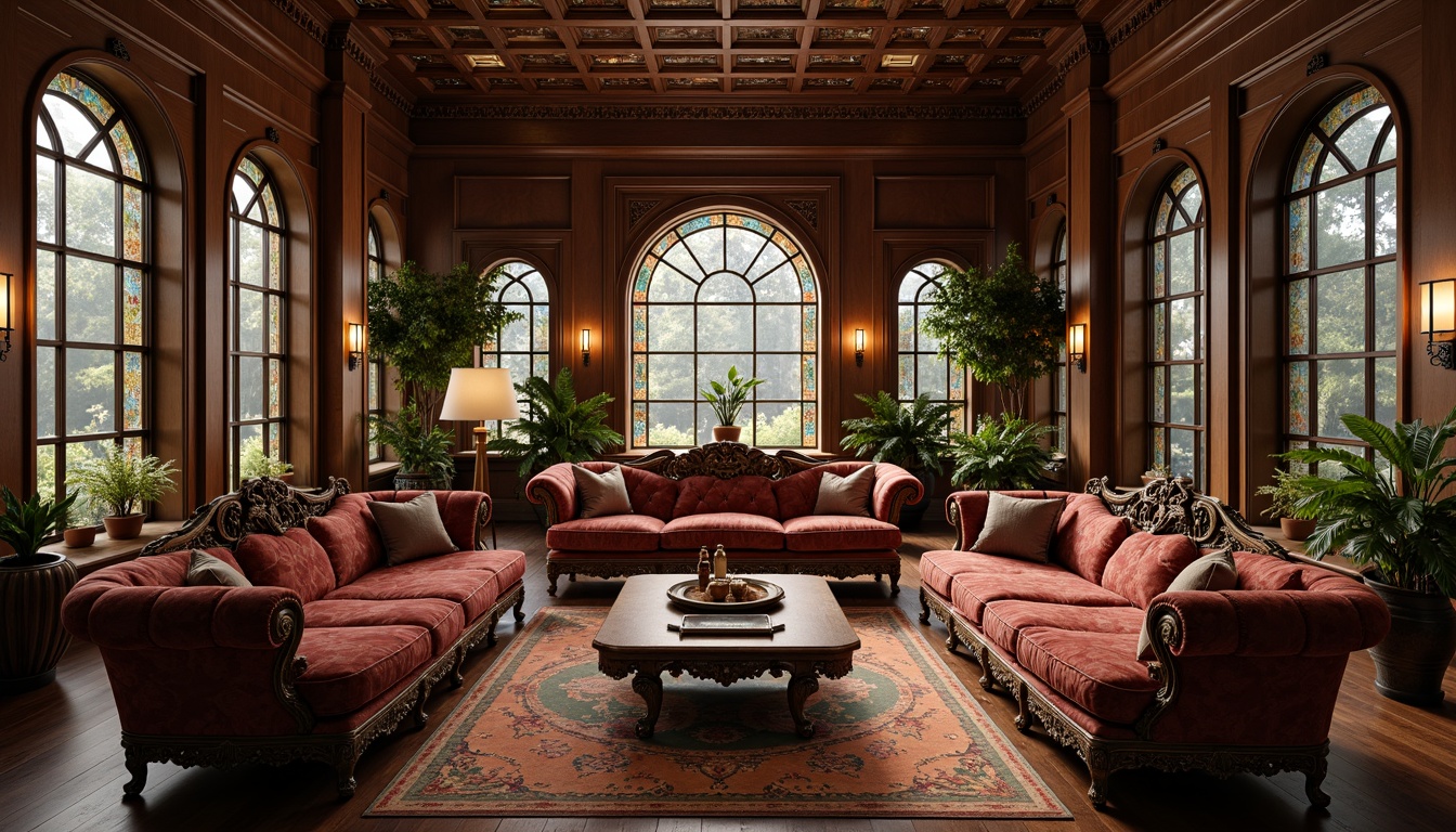 Prompt: Elegant living room, ornate wooden furniture, sinuous lines, flowing curves, organic forms, botanical patterns, stained glass windows, velvet upholstery, bronze accents, intricate carvings, natural stone walls, dim warm lighting, 3/4 composition, shallow depth of field, realistic textures, ambient occlusion.