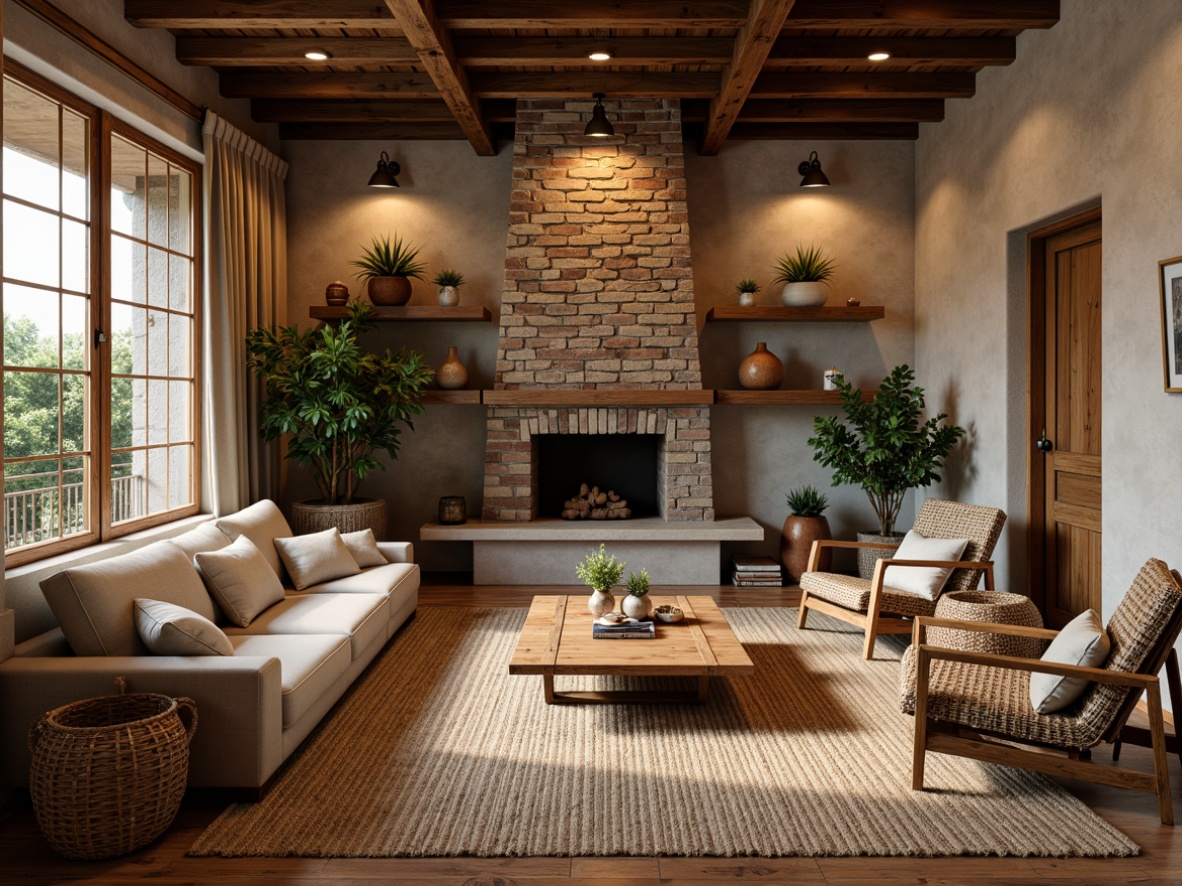 Prompt: Earthy tone living room, reclaimed wood flooring, natural stone walls, exposed brick accents, woven wicker furniture, jute rug, earthy terracotta pots, potted greenery, industrial metal beams, rustic wooden ceiling, warm ambient lighting, cozy textures, organic shapes, nature-inspired color palette, soft warm glow, shallow depth of field, 2/3 composition, realistic materials, subtle shadows.