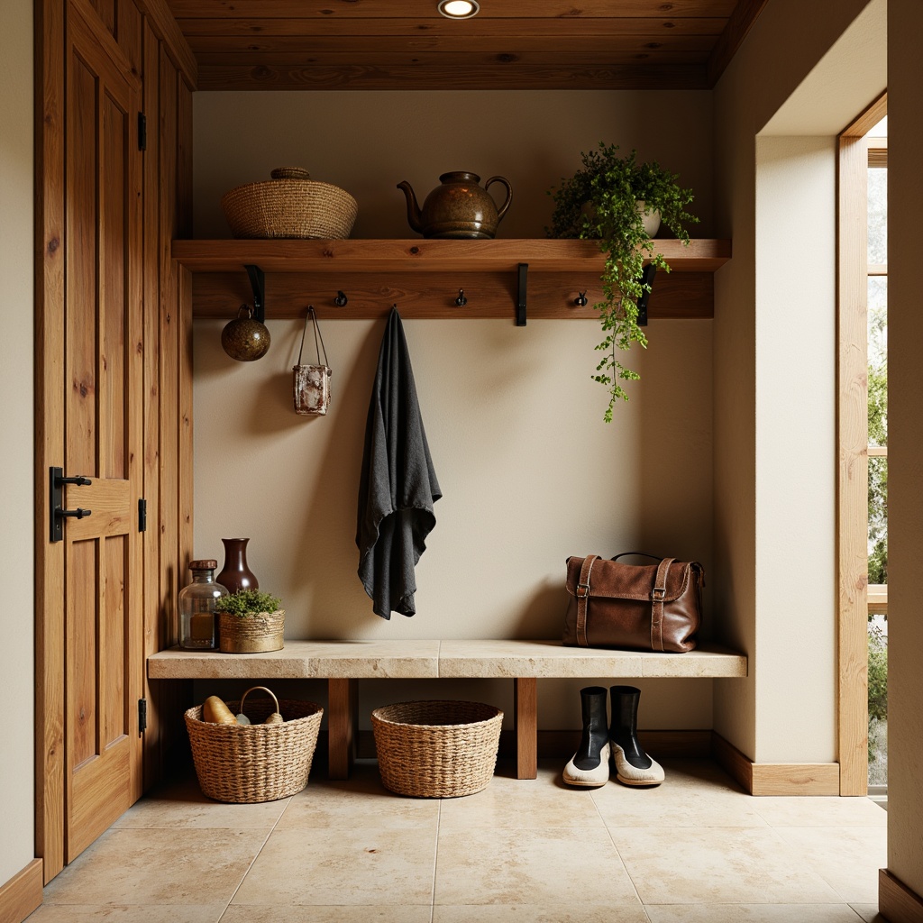 Prompt: Cozy mudroom, rustic wood accents, warm earthy tones, beige walls, soft cream floors, natural stone bench, woven baskets, distressed metal hooks, vintage accessories, rich brown leather, warm golden lighting, shallow depth of field, 1/2 composition, realistic textures, ambient occlusion.