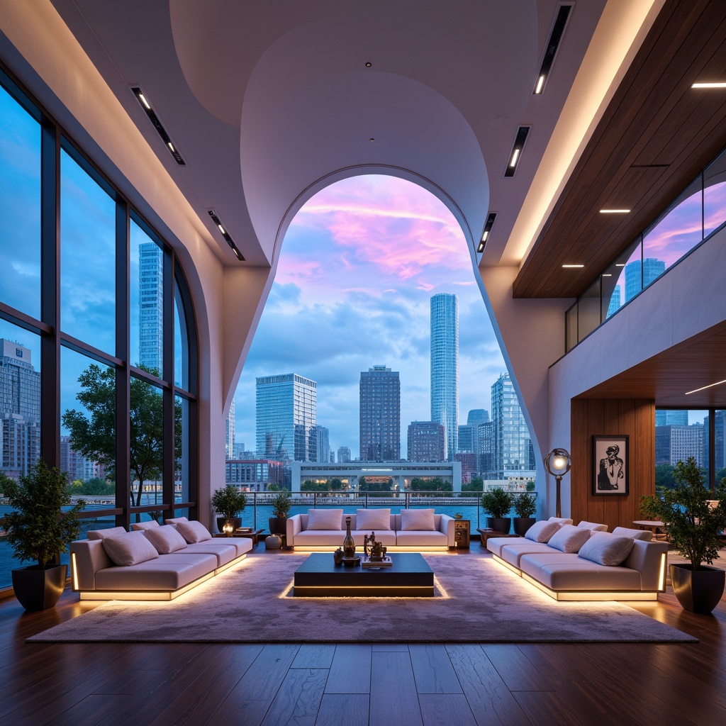 Prompt: Futuristic living room, sleek minimalist design, curved lines, metallic accents, ambient lighting, floor-to-ceiling windows, panoramic views, urban cityscape, neon lights, holographic projections, smart home technology, virtual reality interfaces, modular furniture, multipurpose spaces, open floor plans, floating shelves, concealed storage, sustainable materials, eco-friendly decor, soft pastel colors, subtle texture contrasts, shallow depth of field, 1/1 composition, realistic reflections.