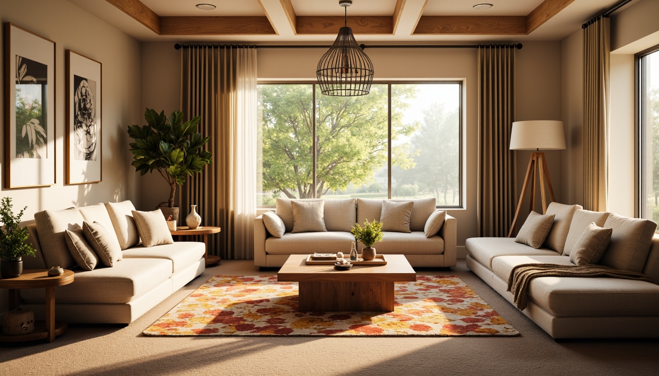 Prompt: Cozy family room, warm beige walls, plush furniture, soft carpet flooring, comfortable seating area, wooden coffee table, vibrant decorative rugs, modern minimalist chandelier, large windows, natural daylight, gentle warm lighting, shallow depth of field, 1/1 composition, realistic textures, ambient occlusion.