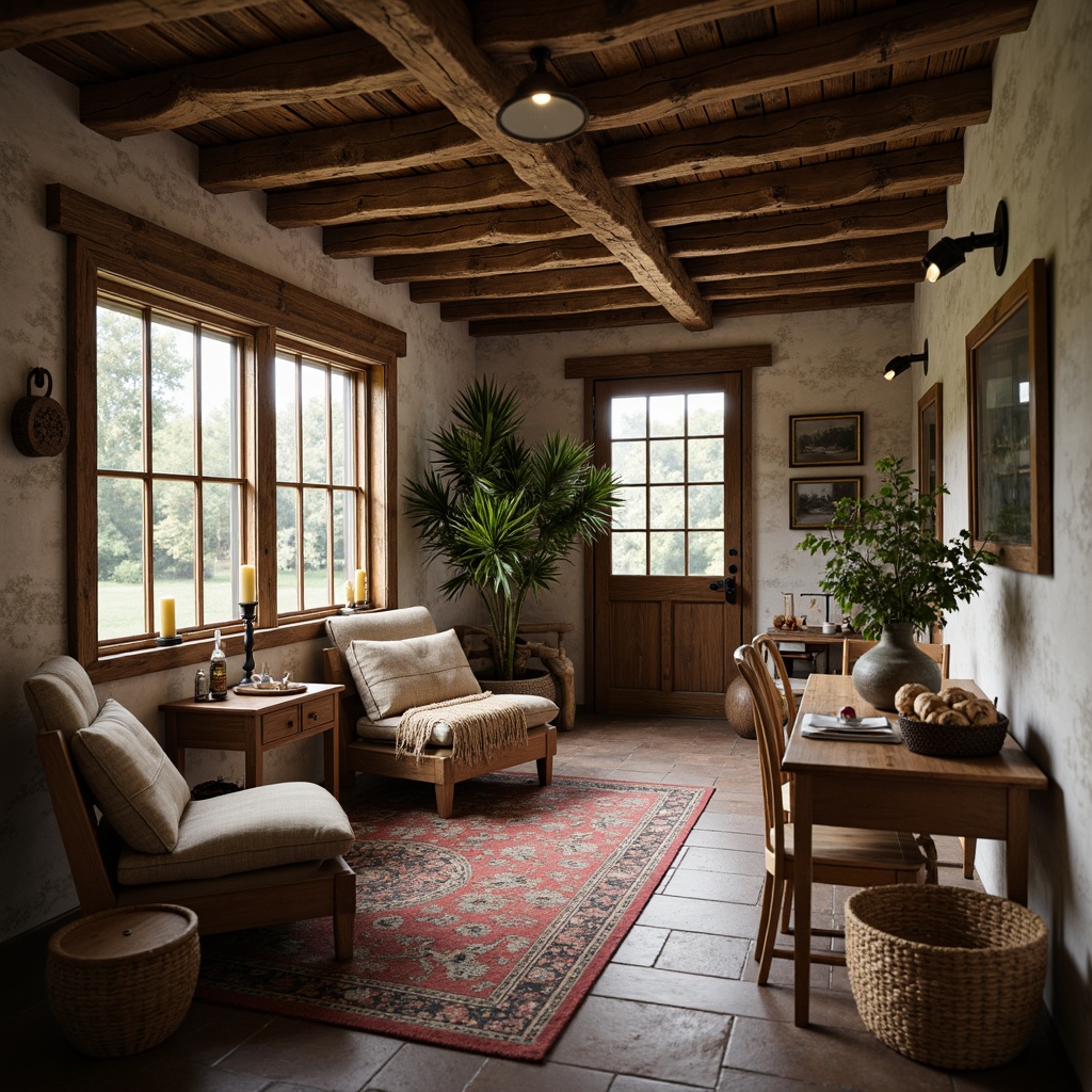 Prompt: Rustic farmhouse interior, vintage wooden beams, distressed metal accents, earthy color palette, natural stone walls, reclaimed wood furniture, plush throw blankets, woven baskets, antique decorative items, soft candlelight, warm cozy atmosphere, shallow depth of field, 1/1 composition, realistic textures, ambient occlusion.