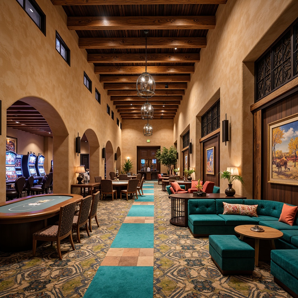 Prompt: \Southwestern casino interior, rustic wooden accents, vibrant turquoise hues, geometric patterned rugs, stucco walls, arched doorways, ornate metalwork, plush velvet upholstery, warm ambient lighting, scattered poker tables, flashy slot machines, natural stone flooring, woven wicker furniture, desert-inspired artwork, earthy terracotta vases, soft focus photography, shallow depth of field, 1/2 composition, realistic textures, subtle grain effects.\