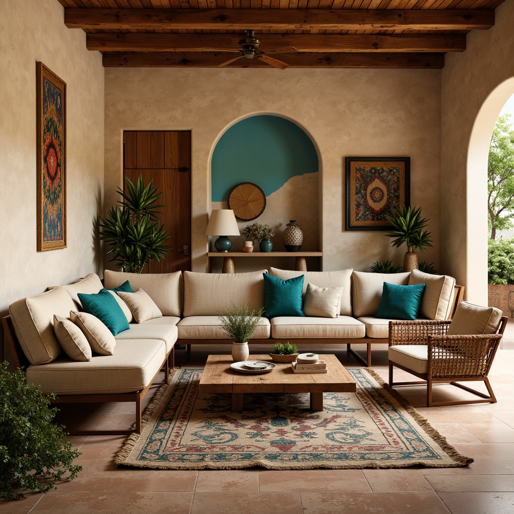 Prompt: \Southwestern-style apartment, earthy color palette, rustic wooden accents, woven textiles, geometric patterns, vibrant turquoise hues, sandy beige walls, natural stone flooring, plush area rugs, comfortable sectional sofas, reclaimed wood coffee tables, rattan armchairs, potted cacti plants, warm golden lighting, shallow depth of field, 3/4 composition, realistic textures, ambient occlusion.\