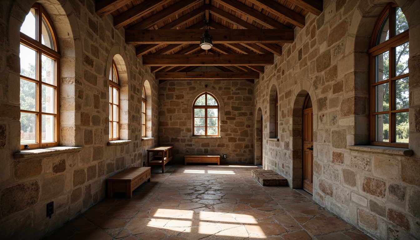 Prompt: Rustic monastery, stone walls, wooden accents, earthy tones, natural textures, weathered wooden doors, ornate metal hardware, stained glass windows, vaulted ceilings, grand archways, tranquil atmosphere, soft warm lighting, shallow depth of field, 1/1 composition, intimate close-ups, realistic materials, ambient occlusion.