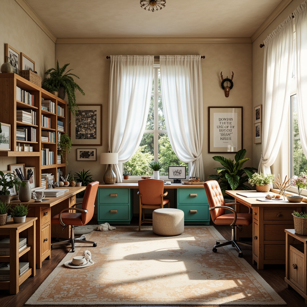 Prompt: Cozy craft room, warm beige walls, natural wood accents, vibrant turquoise furniture, eclectic art supplies, organized storage shelves, inspirational quote prints, soft pastel colors, calming atmosphere, creative freedom, abundant natural light, sheer white curtains, rustic wooden tables, woven baskets, rich brown leather armchairs, whimsical decorative items, relaxed ambiance, soothing color scheme, 1/1 composition, warm gentle lighting.