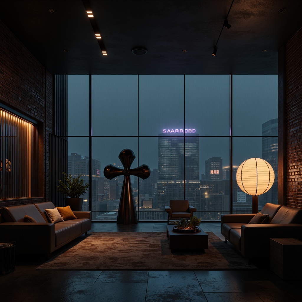 Prompt: Dark cinematic atmosphere, minimalist decor, sleek lines, low-key lighting, subtle color palette, industrial chic accents, exposed brick walls, polished concrete floors, geometric shapes, avant-garde furniture, artistic sculptures, futuristic lamps, LED strips, neon signs, floor-to-ceiling windows, urban cityscape views, rainy night ambiance, misty fog effects, shallow depth of field, 1/1 composition, high-contrast lighting, dramatic shadows, realistic textures, ambient occlusion.