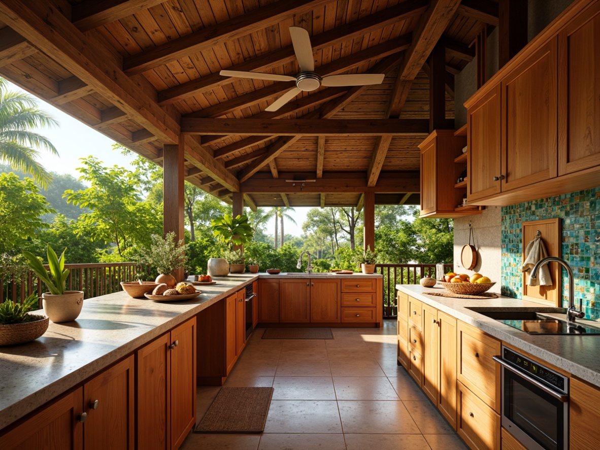 Prompt: Vibrant tropical kitchen, exotic wood cabinetry, polished granite countertops, rich brown wood tones, lush greenery, natural stone backsplashes, woven rattan furniture, colorful ceramic tiles, beach-inspired accessories, sunny island ambiance, warm golden lighting, shallow depth of field, 1/1 composition, realistic textures, ambient occlusion.