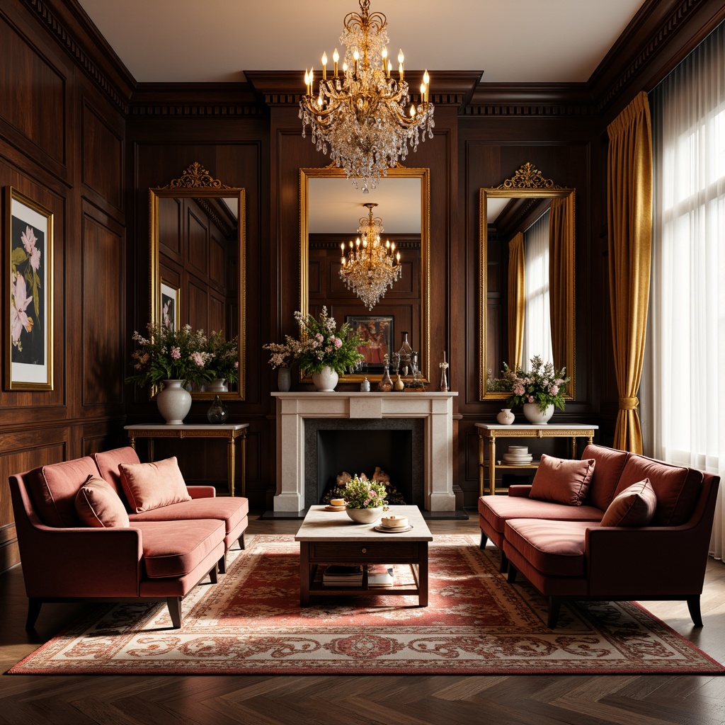 Prompt: Luxurious living room, ornate furniture, velvet upholstery, golden frames, crystal chandeliers, marble coffee tables, plush area rugs, decorative vases, fresh flowers, elegant wall mirrors, rich wood paneling, soft warm lighting, shallow depth of field, 3/4 composition, realistic textures, ambient occlusion.