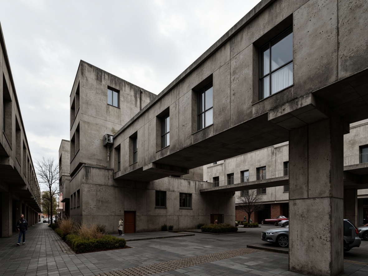 Prompt: Industrial concrete structures, brutalist architecture, raw unfinished surfaces, monochromatic color scheme, muted earth tones, weathered steel beams, exposed ductwork, urban cityscape, overcast sky, dramatic shadows, high-contrast lighting, bold geometric shapes, rough textures, distressed finishes, minimalist decor, functional design elements, cold atmospheric mood, desaturated colors, 1/1 composition, gritty realistic rendering.