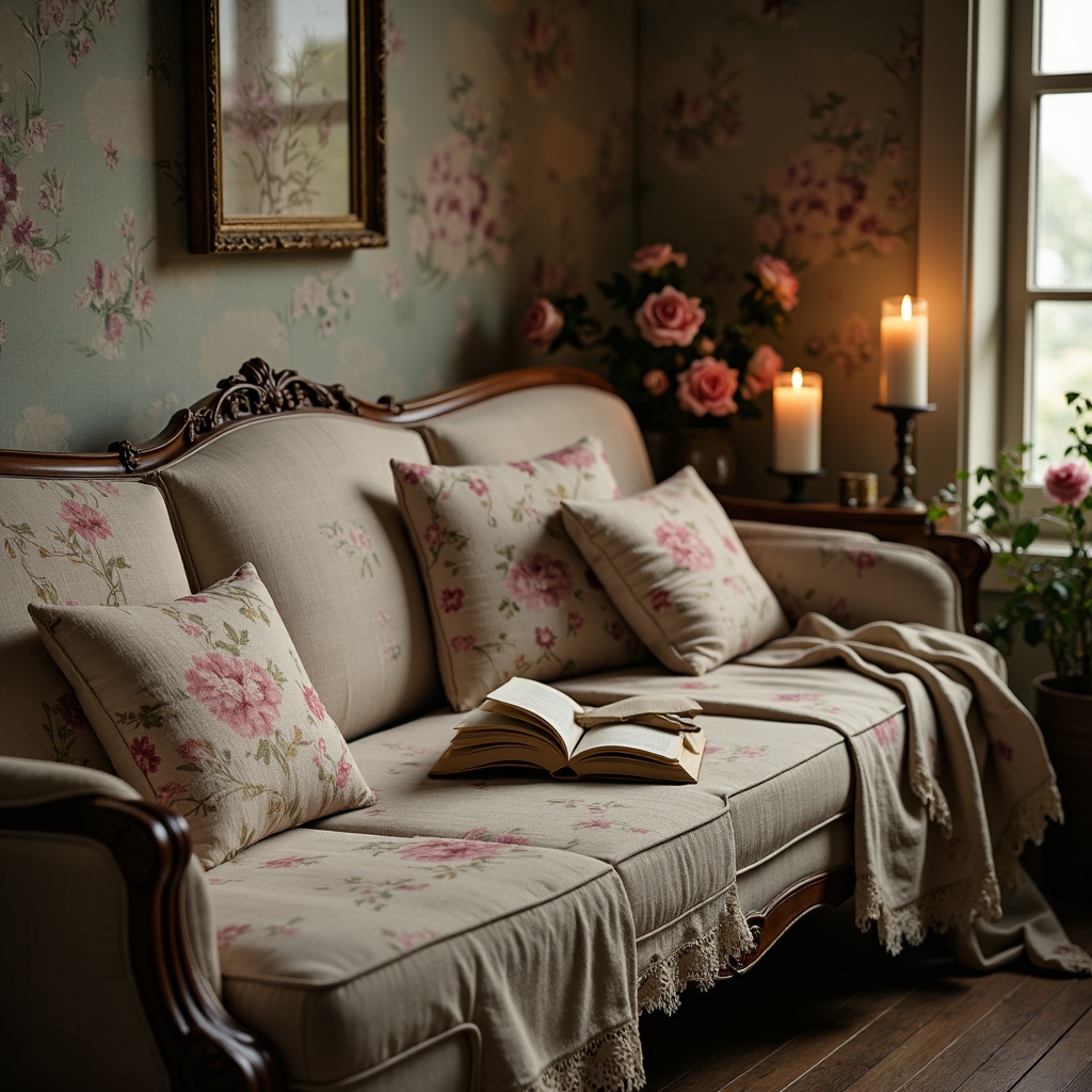 Prompt: Distressed vintage fabrics, soft pastel hues, floral patterns, lace trimmings, ruffled edges, linen textures, worn velvet surfaces, faded denim blues, rustic burlap accents, antique furniture upholstery, ornate wooden frames, warm candlelight, cozy reading nooks, romantic ambiance, 1/2 composition, shallow depth of field, soft focus, warm color palette.