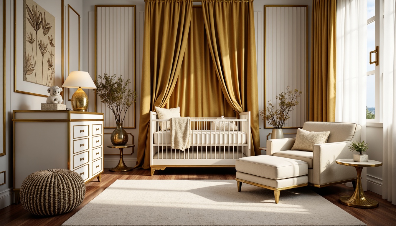 Prompt: Luxurious art deco nursery, rich velvet fabrics, metallic gold accents, soft creamy whites, elegant geometrical patterns, bold black outlines, luxurious silk drapes, intricate beading details, ornate furniture legs, plush area rugs, sophisticated color palette, warm golden lighting, shallow depth of field, 1/1 composition, realistic textures, ambient occlusion.