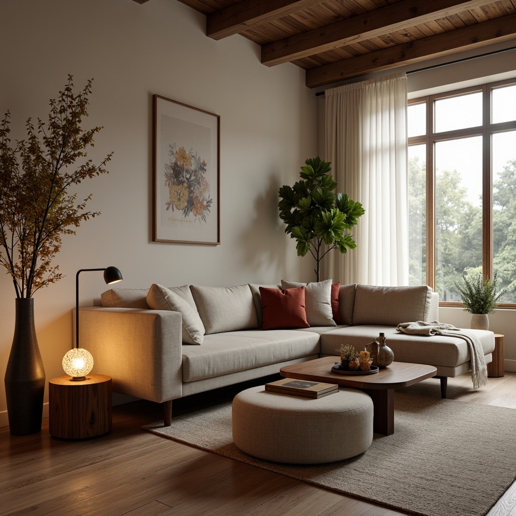 Prompt: Cozy living room, plush sectional sofas, velvety cushions, wooden coffee tables, decorative vases, floor lamps, soft warm lighting, shallow depth of field, 3/4 composition, realistic textures, ambient occlusion, elegant throw pillows, modern minimalist decor, neutral color palette, natural fabrics, ergonomic chair designs, comfortable ottomans, stylish console tables, luxurious area rugs, calm atmosphere.