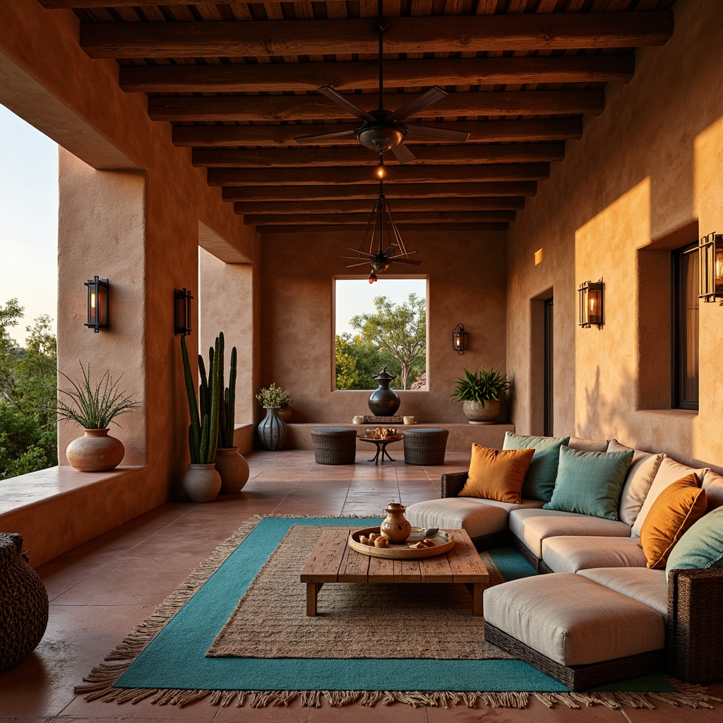 Prompt: Warm and inviting southwestern-style interior, earthy tones, rustic wooden accents, vibrant turquoise hues, woven textiles, natural fiber rugs, clay pottery vases, wrought iron lighting fixtures, candlelit ambiance, soft warm glow, ambient shadows, cozy reading nooks, plush furnishings, desert botanicals, cactus silhouettes, adobe-inspired architecture, stucco walls, terracotta flooring, rustic wooden beams, warm color palette, golden hour lighting, soft focus, 1/2 composition, intimate atmosphere.