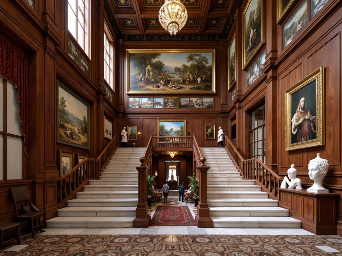 Prompt: Renaissance-style museum interior, grand staircase, ornate balustrades, polished marble floors, intricate mosaic patterns, rich walnut wood paneling, gilded accents, lavish chandeliers, soft warm lighting, shallow depth of field, 1/1 composition, realistic textures, ambient occlusion, museum exhibits, ancient artifacts, oil paintings, sculptures, frescoed ceilings, ornate furniture, velvet drapes, golden frames.