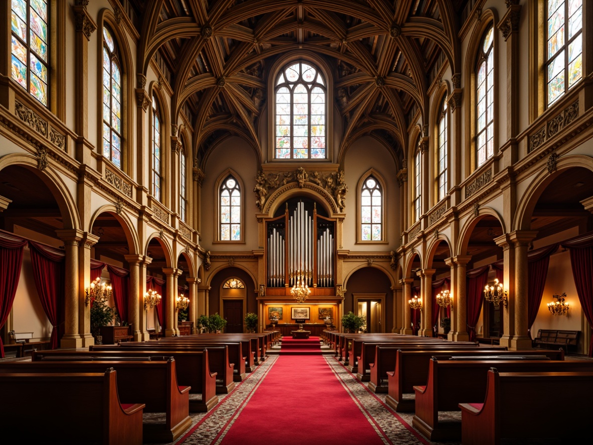 Prompt: Grandiose auditorium, ornate Gothic arches, ribbed vaulted ceilings, pointed windows, stained glass details, intricate stone carvings, dramatic chandeliers, lavish velvet drapes, regal red carpets, polished wooden pews, majestic pipe organs, soaring verticality, warm golden lighting, high-contrast shadows, 1/2 composition, symmetrical framing, realistic material textures, ambient occlusion.