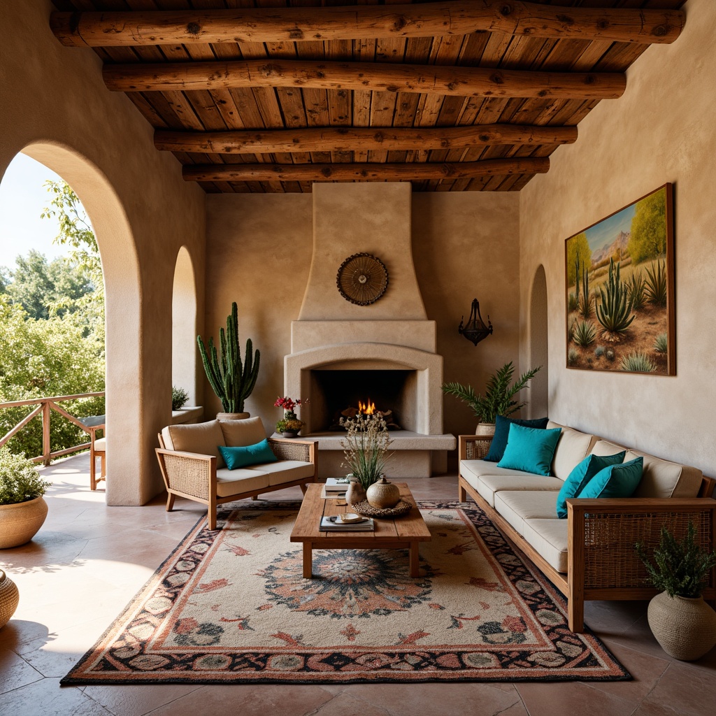 Prompt: Earth-toned adobe walls, rustic wooden beams, plush southwestern-patterned rugs, comfortable chunky sofas, vibrant turquoise accents, natural woven baskets, desert-inspired artwork, cacti plants, warm sandy colors, soft warm lighting, shallow depth of field, 1/1 composition, intimate cozy atmosphere, real stone fireplaces, woven textiles, geometric patterned throws, authentic Native American pottery, traditional Spanish colonial architecture, lush greenery, sunny day.