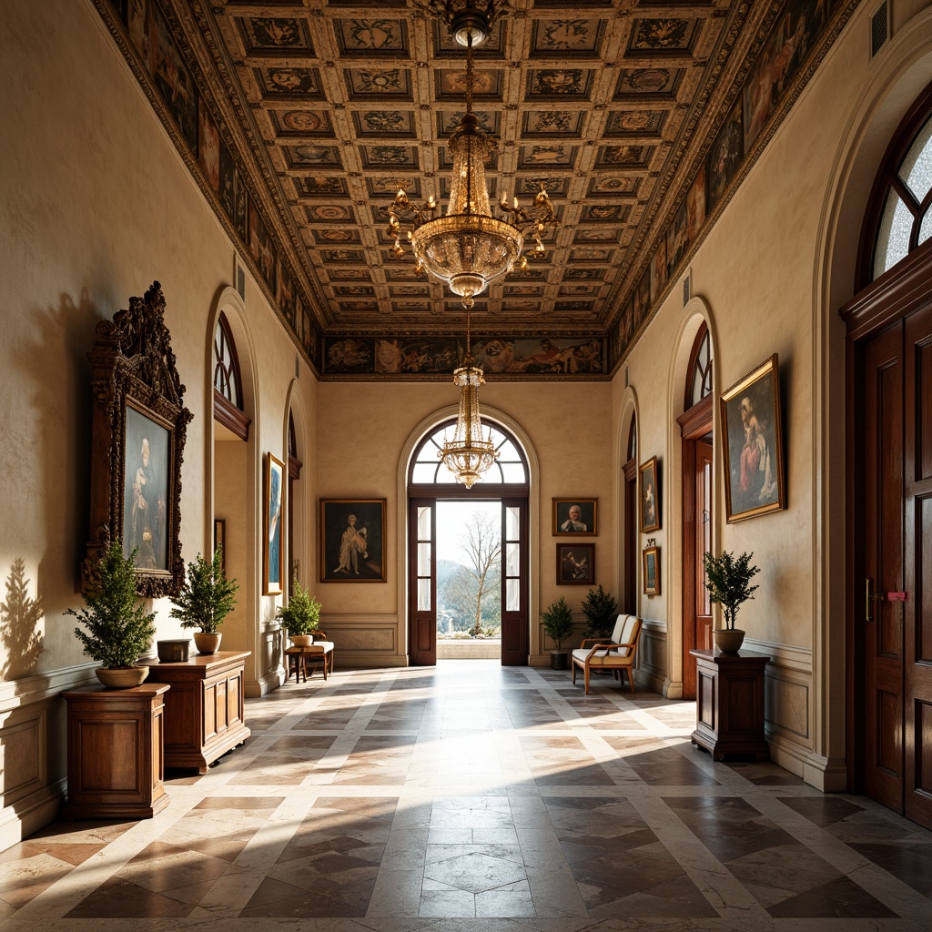 Prompt: Renaissance-style museum, grandiose entrance hall, marble floors, ornate patterns, intricate mosaics, polished stone surfaces, warm beige tones, rich walnut wood accents, gilded frames, opulent chandeliers, soft diffused lighting, shallow depth of field, 1/2 composition, realistic textures, ambient occlusion.