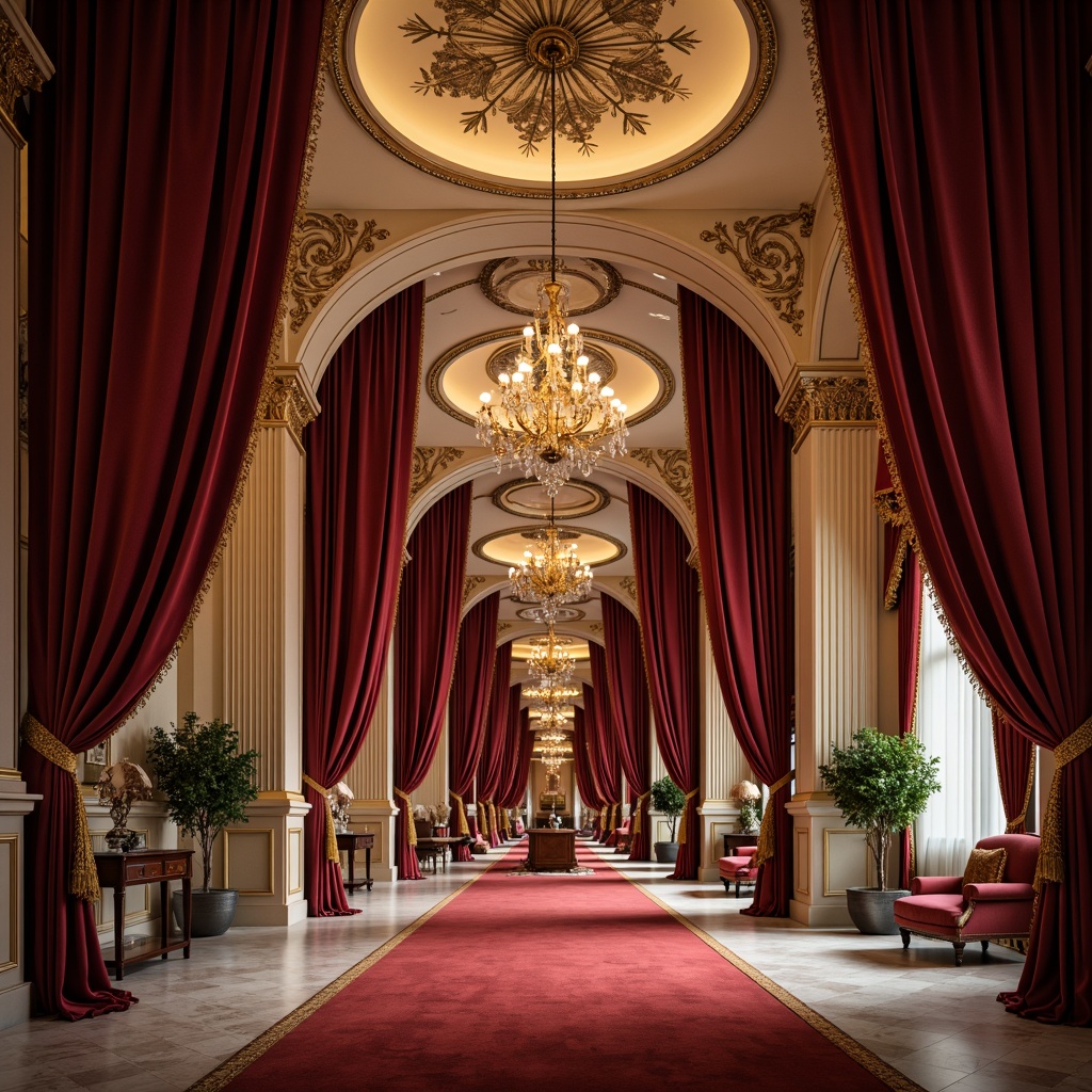 Prompt: Rich velvet curtains, ornate gold accents, grand chandelier lighting, majestic arches, intricate moldings, luxurious red carpeting, opulent marble floors, dramatic spotlights, Baroque-inspired furnishings, lavish drapery, sophisticated neutral tones, soft warm glow, 1/2 composition, low-angle shot, cinematic atmosphere, realistic reflections, subtle ambient occlusion.