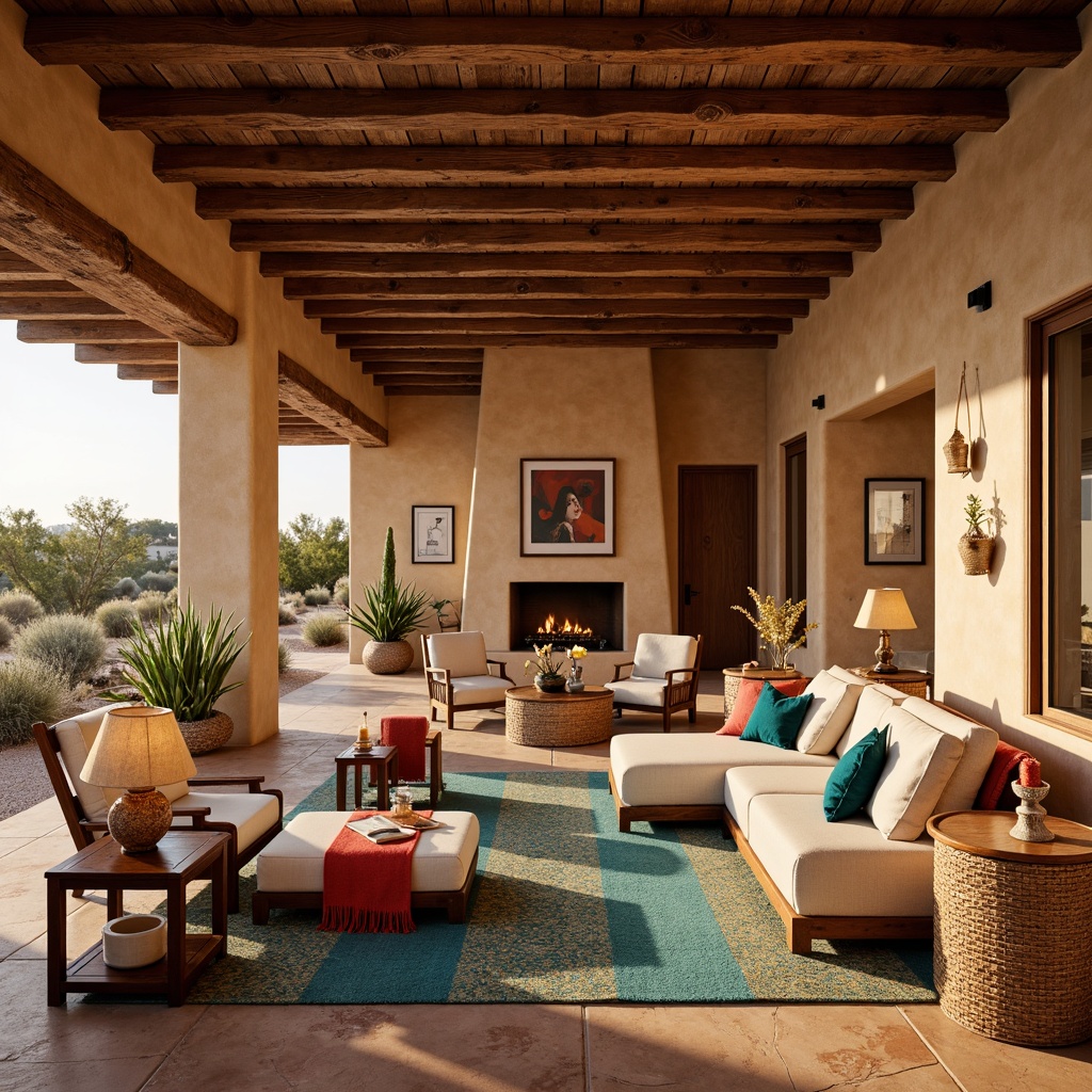 Prompt: Warm and inviting southwestern-style interior, rustic wooden accents, earthy color palette, soft warm lighting, table lamps with woven shades, floor lamps with ceramic bases, pendant lights with natural linen shades, candles in mercury glass holders, dimmable overhead lighting, cozy reading nooks, plush textiles, vibrant turquoise and coral hues, natural stone flooring, reclaimed wood beams, adobe-inspired architecture, arid desert landscape, cacti plants, warm sunny day, high ceiling, open floor plan, minimalist decor, ambient occlusion.