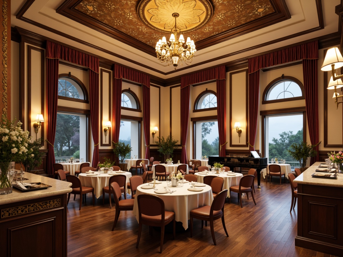 Prompt: Luxurious dining hall, rich wood accents, ornate chandeliers, velvet drapes, grand piano, elegant furniture, warm golden lighting, soft cream walls, dark hardwood floors, marble countertops, metallic gold decorations, lavish flower arrangements, crystal glassware, intricate stencils, subtle sheen finishes, sophisticated ambiance, refined color scheme, balanced contrast, 1/2 composition, dramatic shadows, realistic reflections.