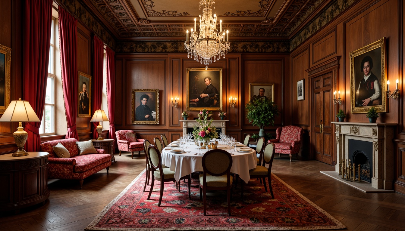 Prompt: Elegant dining room, rich wood tones, ornate furniture, velvet drapes, crystal chandeliers, luxurious carpets, antique decorative pieces, vintage artwork, traditional English style, formal atmosphere, warm golden lighting, 1/2 composition, shallow depth of field, realistic textures, ambient occlusion.