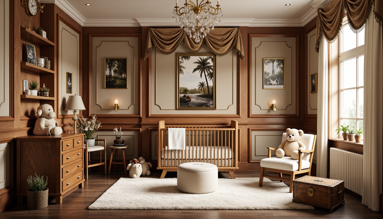 Prompt: Luxurious nursery, rich wood tones, ornate crib, velvet drapes, golden accents, geometric patterns, vintage posters, plush area rug, creamy whites, soft pastels, rounded lines, metallic hardware, crystal chandelier, distressed finishes, tufted ottoman, curved wooden rocking chair, oversized stuffed animals, antique toy chest, warm afternoon light, shallow depth of field, 1/1 composition, realistic textures, ambient occlusion.