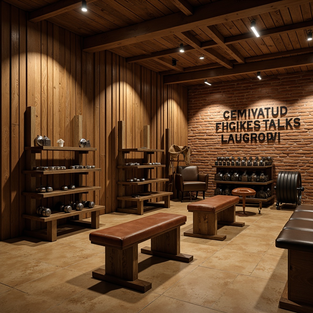 Prompt: Warm earthy tones, wooden accents, vintage dumbbells, distressed leather benches, traditional weightlifting equipment, classic motivational quotes, rustic brick walls, warm beige flooring, softbox lighting, shallow depth of field, 1/1 composition, realistic textures, ambient occlusion.