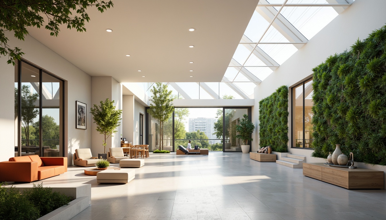 Prompt: Spacious interior, high ceilings, large windows, skylights, clerestory windows, sliding glass doors, minimal obstructions, reflective surfaces, polished floors, bright color schemes, airy atmosphere, natural ventilation, greenery, potted plants, hanging gardens, vertical gardens, living walls, minimalist decor, modern furniture, sleek lines, subtle textures, soft warm lighting, 1/1 composition, shallow depth of field, realistic rendering.