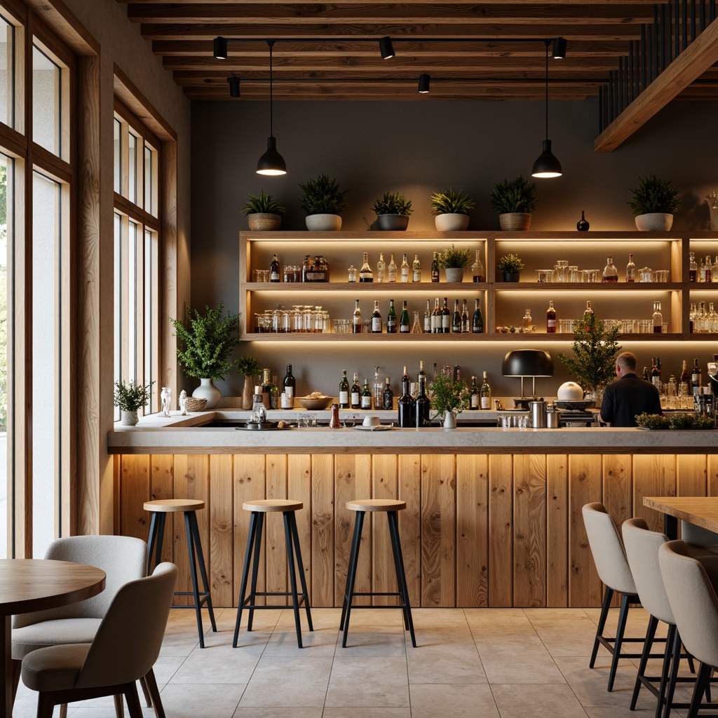 Prompt: Minimalist bar counter, natural wood tones, clean lines, simplicity, Nordic-inspired design, rustic wooden planks, industrial metal accents, pendant lighting, frosted glass shelves, earthy color palette, cozy atmosphere, warm ambient lighting, soft focus, shallow depth of field, 2/3 composition, realistic textures, subtle grain details.