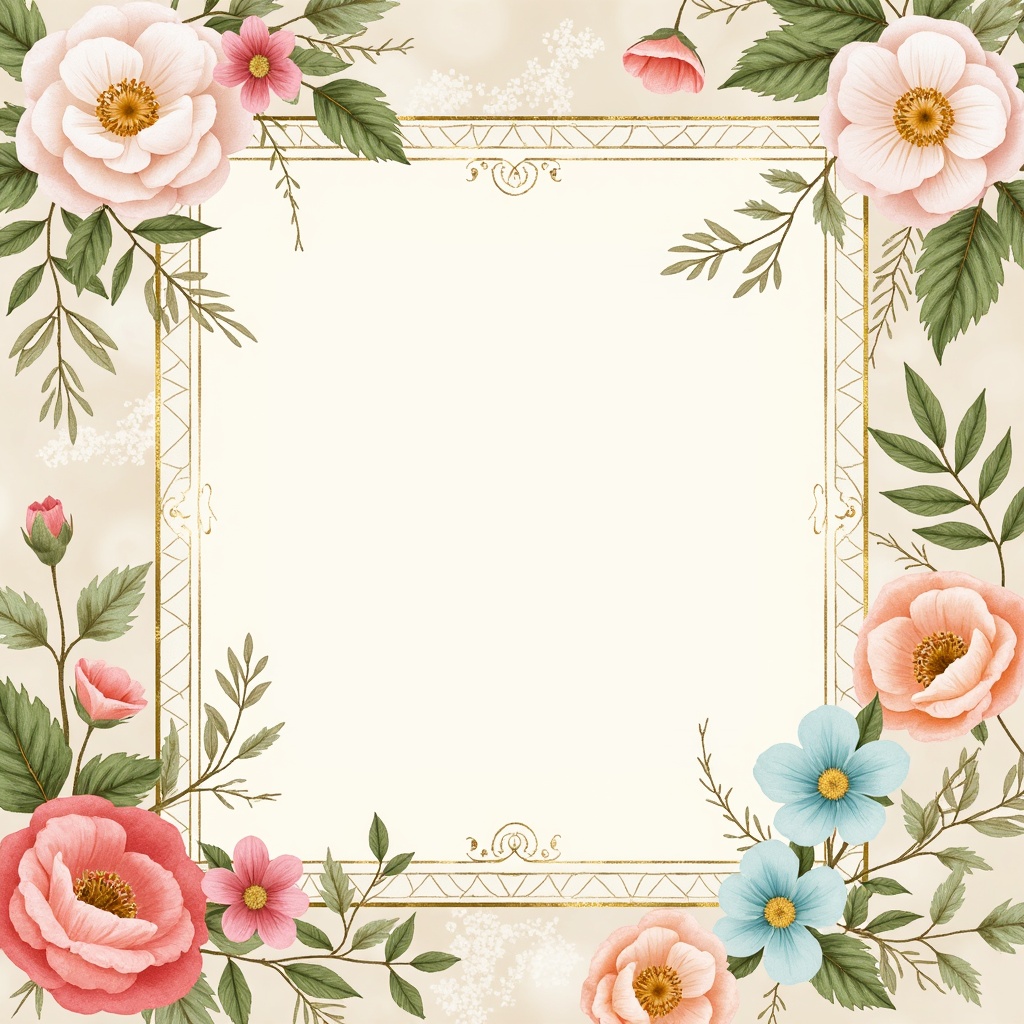 Prompt: Vibrant floral patterns, pastel hues, soft peach tones, creamy whites, rich turquoise accents, luxurious gold details, delicate lace textures, whimsical watercolor effects, dreamy ombre gradations, warm beige backgrounds, subtle sparkle elements, elegant script fonts, ornate frame compositions, lavish jewel-toned emerald greens, sophisticated charcoal grays, refined copper metallics, airy light-filled atmosphere, 1/1 composition, soft focus blur, natural gentle lighting.