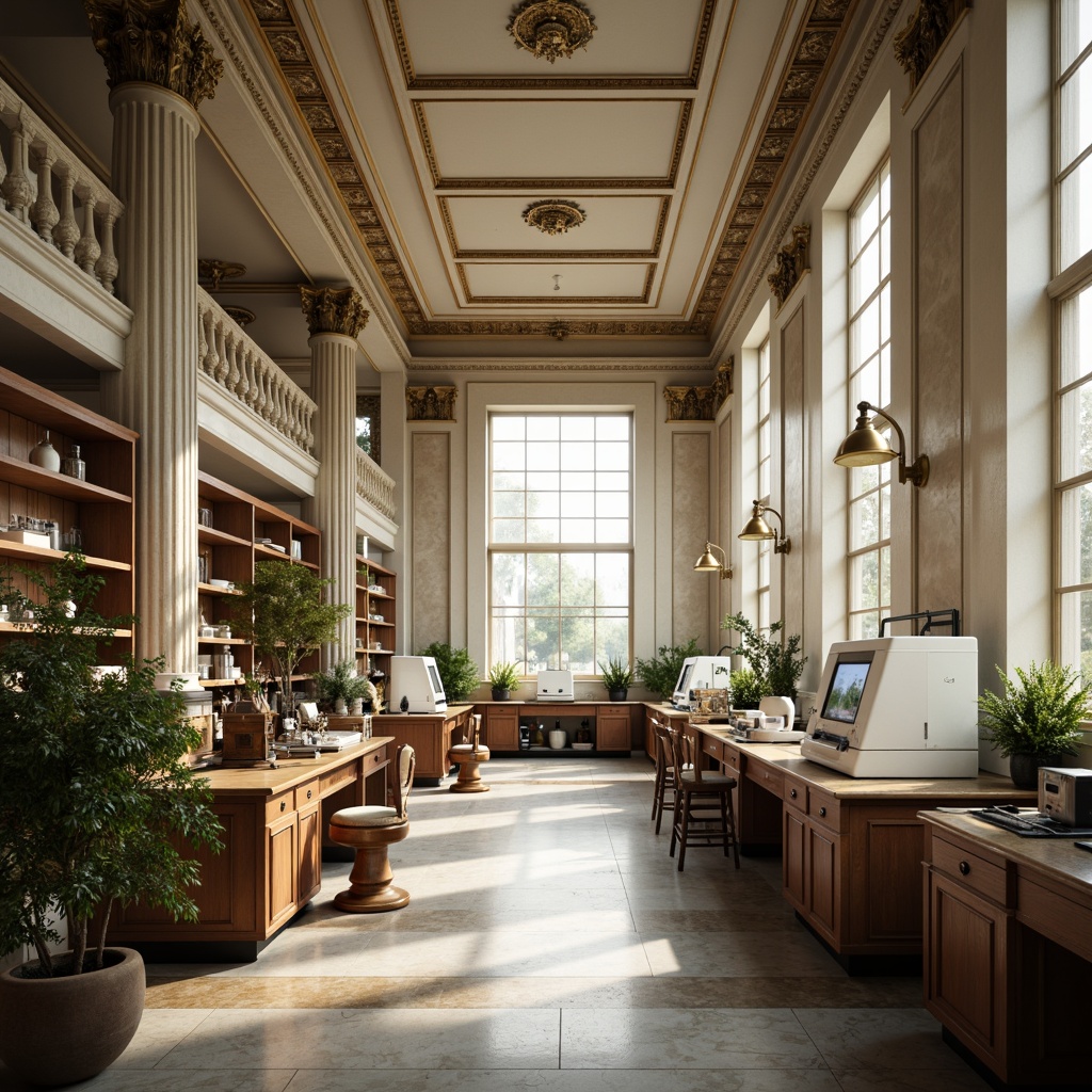 Prompt: Elegant laboratory, neoclassical columns, ornate ceiling details, polished marble floors, wooden cabinetry, antique furniture, vintage scientific instruments, ornamental lighting fixtures, frosted glass partitions, sterile workstations, fume hoods, modern analytical equipment, high ceilings, natural light pouring in, soft warm tones, shallow depth of field, 1/1 composition, symmetrical framing, realistic textures, ambient occlusion.