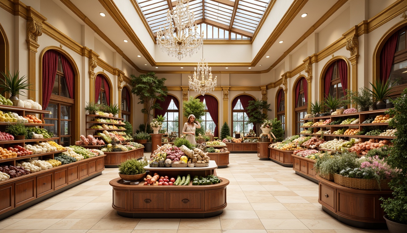 Prompt: Luxurious Rococo grocery store, ornate golden accents, soft cream walls, rich wooden shelves, decorative velvet drapes, lavish crystal chandeliers, warm beige flooring, antique bronze fixtures, elegant curved lines, sophisticated marble countertops, vibrant colorful produce displays, fresh flower arrangements, natural light pouring through large skylights, warm inviting ambiance, 1/1 composition, shallow depth of field, softbox lighting.