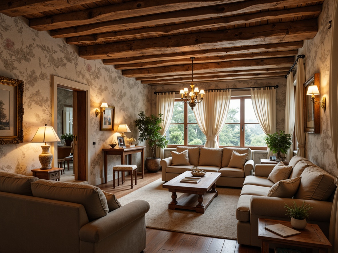 Prompt: Warm French country style interior, rustic wooden beams, distressed stone walls, soft warm candlelight, vintage metal chandeliers, creamy white curtains, floral patterns, ornate gold fixtures, cozy reading nooks, plush velvet sofas, rich wood furniture, natural linen fabrics, earthy color palette, warm beige tones, soft diffused lighting, 1/1 composition, intimate atmosphere, realistic textures, ambient occlusion.