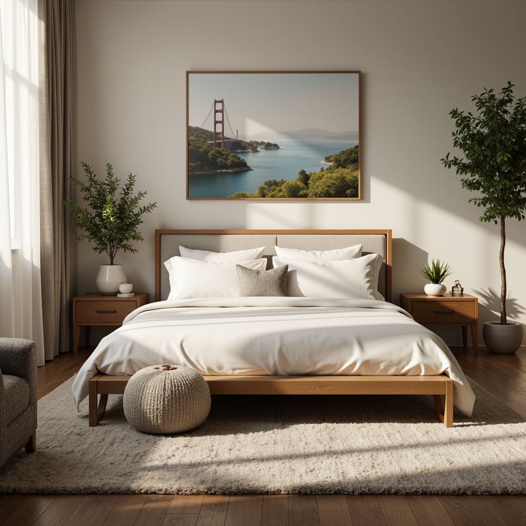 Prompt: Calming bedroom atmosphere, soft warm lighting, creamy whites, soothing blues, gentle greens, earthy browns, rich woods, plush carpets, cozy textiles, modern minimalist furniture, subtle patterns, nature-inspired accents, peaceful ambiance, serene escape, relaxing retreat, calming color scheme, monochromatic harmony, 1/1 composition, intimate close-up shots.