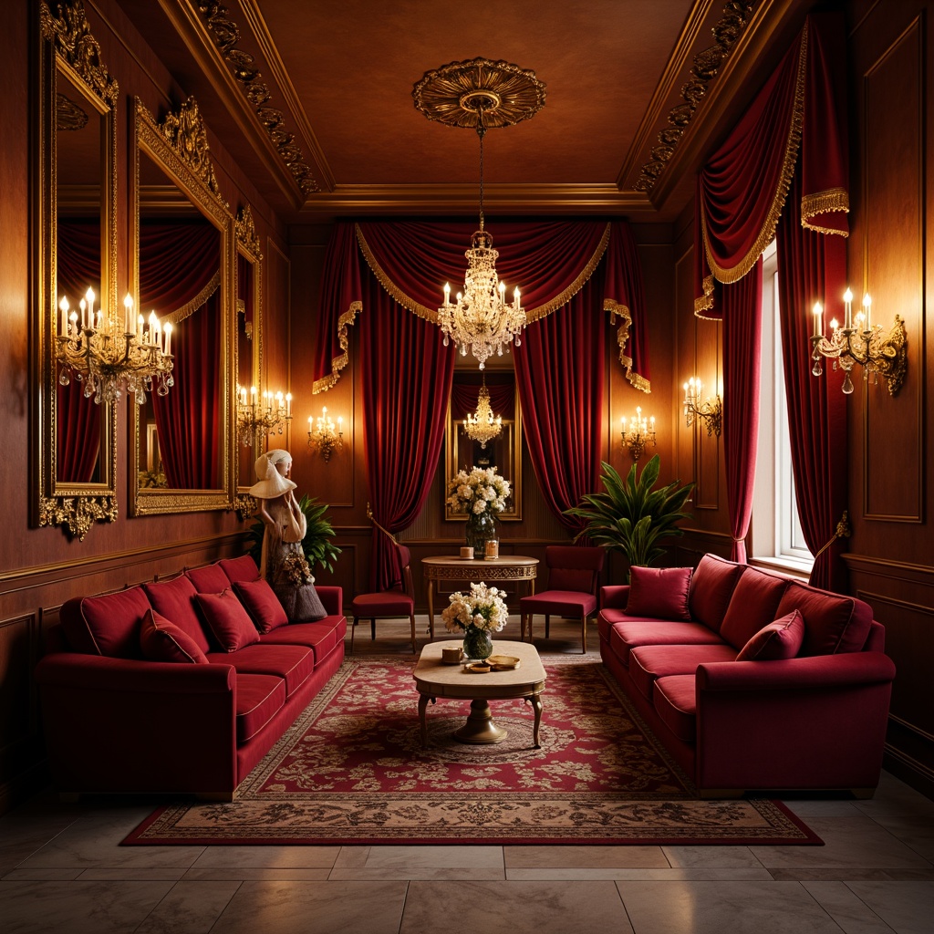 Prompt: Rich velvet drapes, ornate gold frames, luxurious crimson upholstery, intricately carved wooden accents, gilded mirrors, grand crystal chandeliers, lavish silk fabrics, dramatic red curtains, opulent marble floors, Baroque-inspired architectural details, warm golden lighting, soft focus blur, shallow depth of field, 1/2 composition, intimate atmosphere, realistic reflections, ambient occlusion.