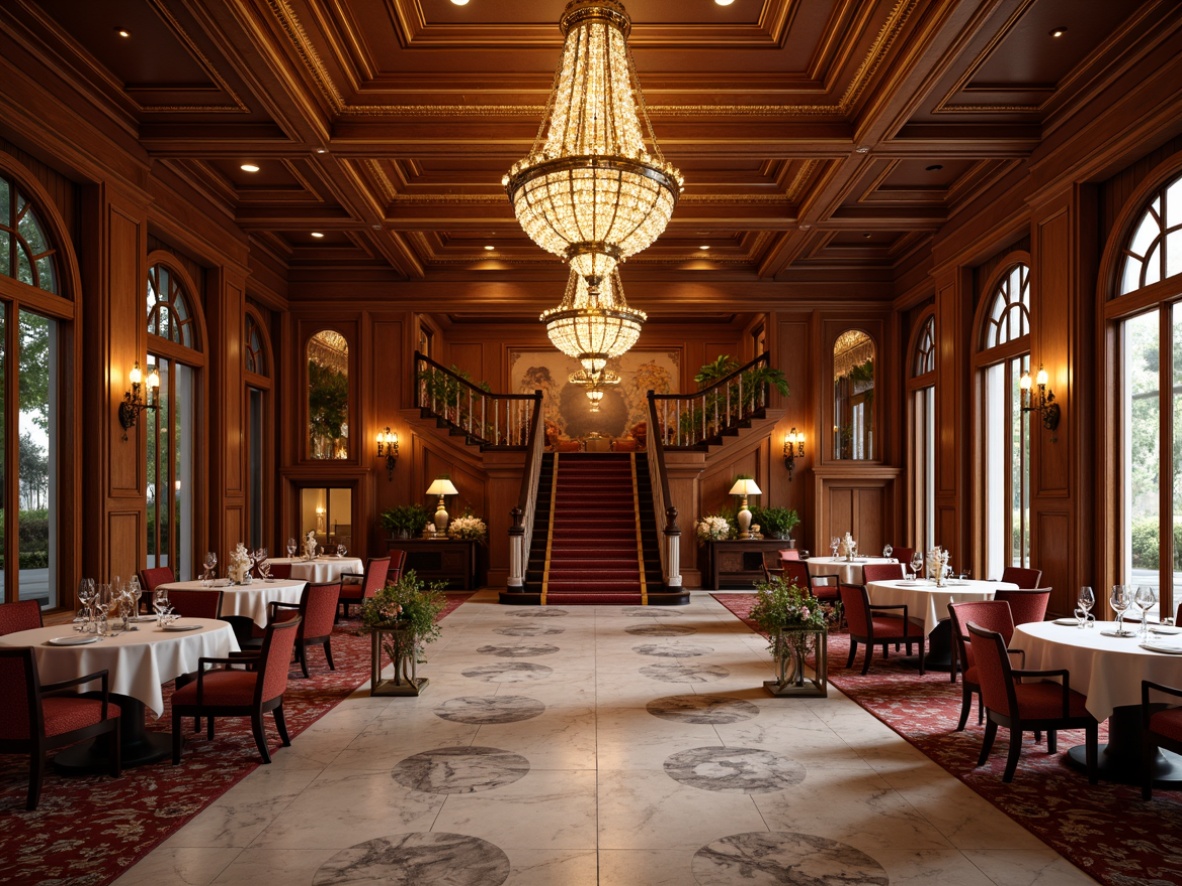 Prompt: Luxurious dining hall, rich wood textures, marble flooring, ornate chandeliers, velvet drapes, plush carpets, intricate moldings, grand staircase, elegant furniture, sophisticated ambiance, warm golden lighting, shallow depth of field, 1/2 composition, realistic reflections, ambient occlusion.