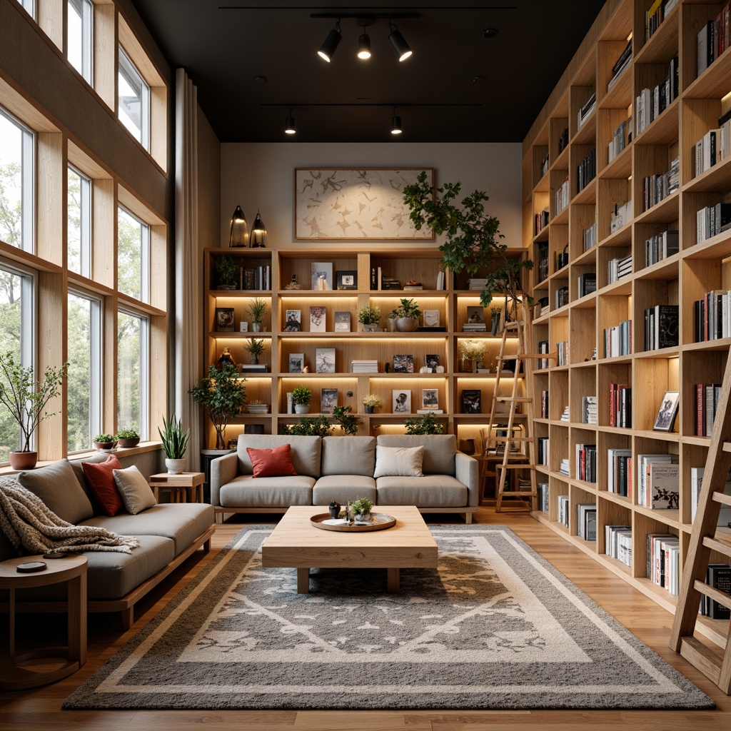 Prompt: Cozy Scandinavian bookstore, wooden shelving units, ladder bookcases, warm lighting, plush area rugs, comfortable reading nooks, natural wood accents, earthy color palette, Nordic-inspired decor, minimalist wall art, floor-to-ceiling bookshelves, modern Scandinavian furniture, geometric patterned textiles, soft background music, inviting atmosphere, shallow depth of field, 2/3 composition, realistic textures, ambient occlusion.