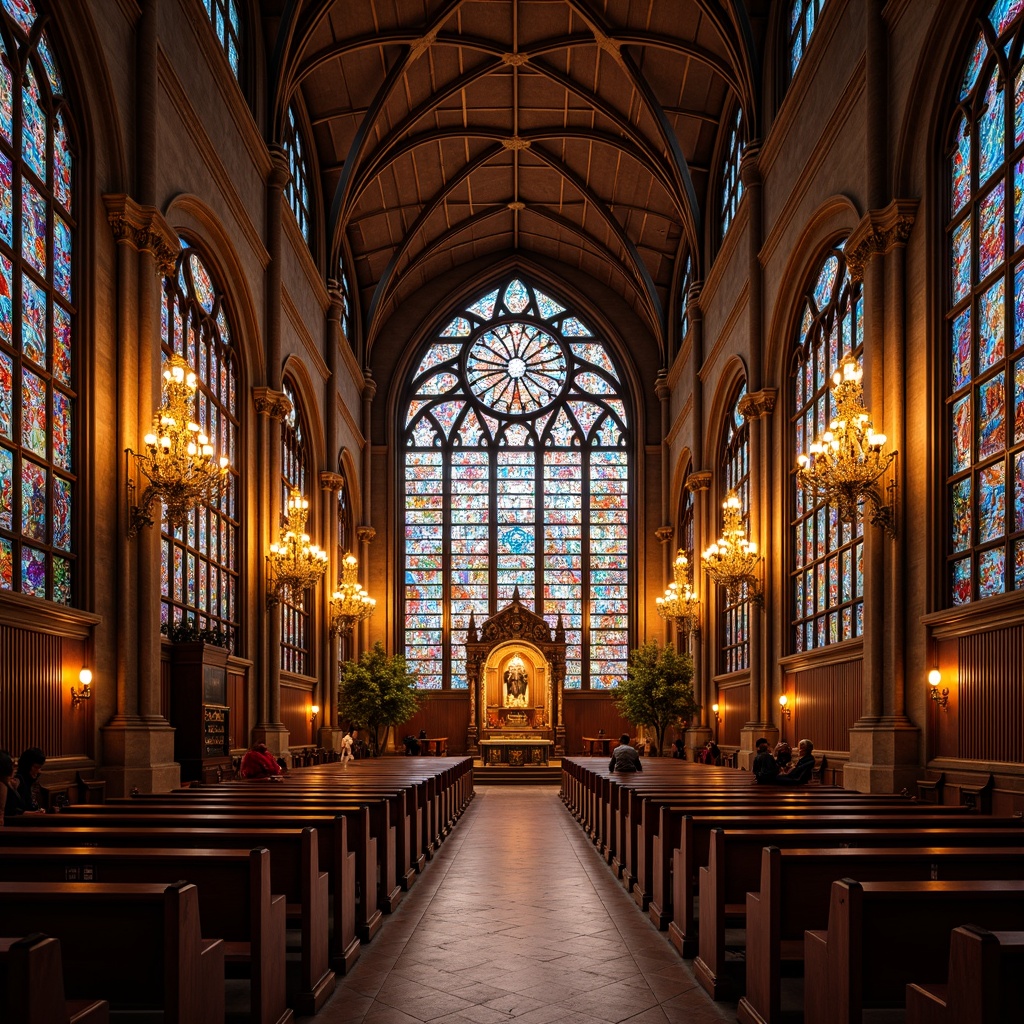 Prompt: Intricate stained glass windows, vibrant colors, ornate patterns, grand Gothic auditorium, high ceilings, ribbed vaults, pointed arches, flying buttresses, luxurious velvet curtains, polished wooden pews, golden chandeliers, dramatic lighting effects, warm soft glow, 1/1 composition, shallow depth of field, realistic textures, ambient occlusion.