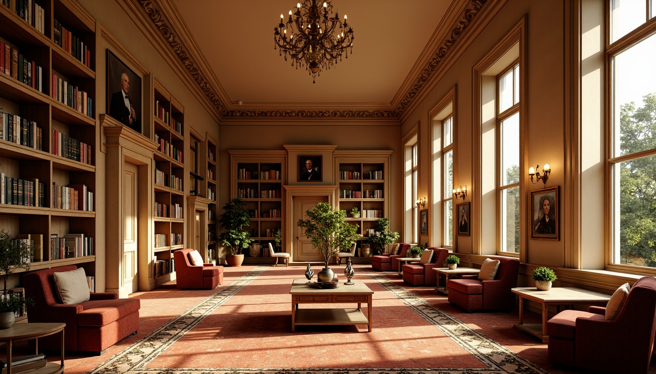 Prompt: Warm golden lighting, rich wood tones, ornate bookshelves, classic literature displays, comfortable reading nooks, plush armchairs, soft velvety carpets, elegant chandeliers, subtle wall sconces, warm beige walls, high ceilings, large windows, natural daylight, sophisticated color palette, intricate moldings, decorative cornices, luxurious fabrics, refined architectural details, inviting atmosphere, cozy ambiance, shallow depth of field, 1/1 composition, realistic textures, ambient occlusion.