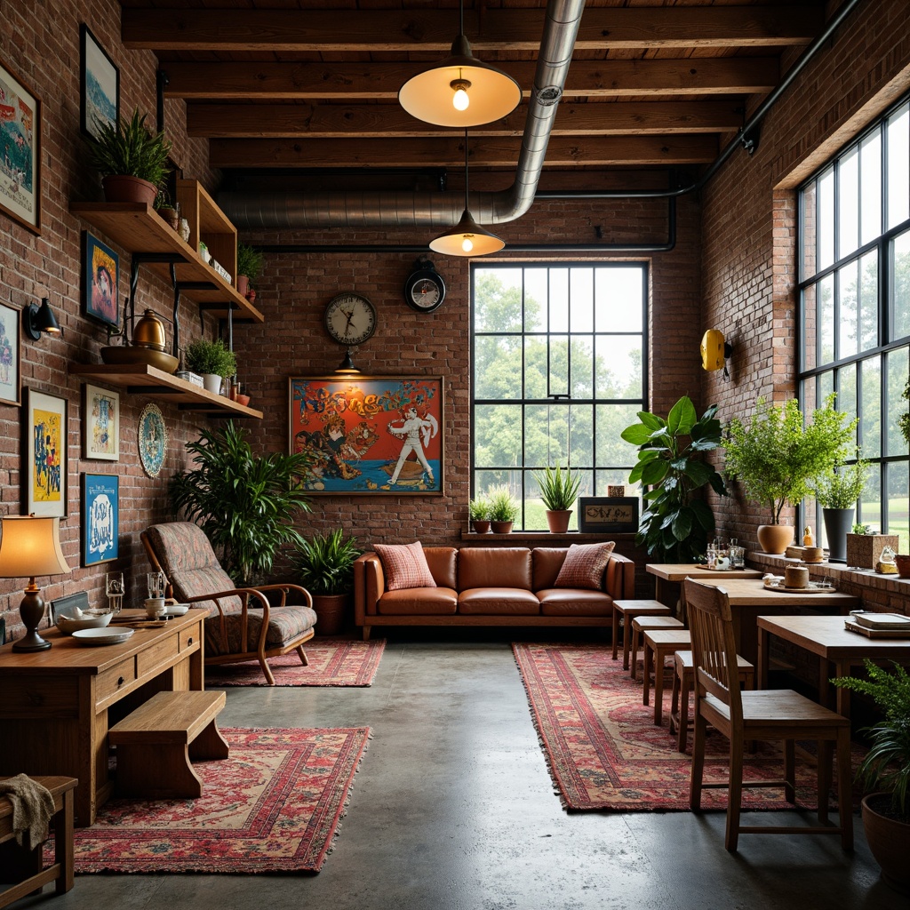 Prompt: Vintage eclectic garage, distressed wood accents, rusty metal decorations, colorful vintage posters, reclaimed wood shelving, mismatched furniture, plush area rugs, pendant lighting fixtures, exposed brick walls, industrial-style windows, warm cozy atmosphere, shallow depth of field, 1/1 composition, realistic textures, ambient occlusion.