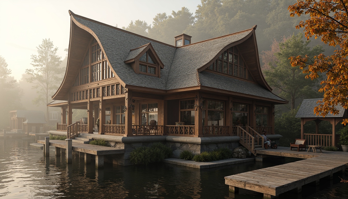 Prompt: Ornate boathouse, intricate wood carvings, Victorian-era inspired design, rustic wooden dock, ornamental ironwork, stained glass windows, steeply pitched roof, decorative trusses, patterned shingles, weathered wooden siding, vintage nautical elements, distressed finishes, soft warm lighting, misty morning atmosphere, 1/2 composition, shallow depth of field, realistic water reflections.