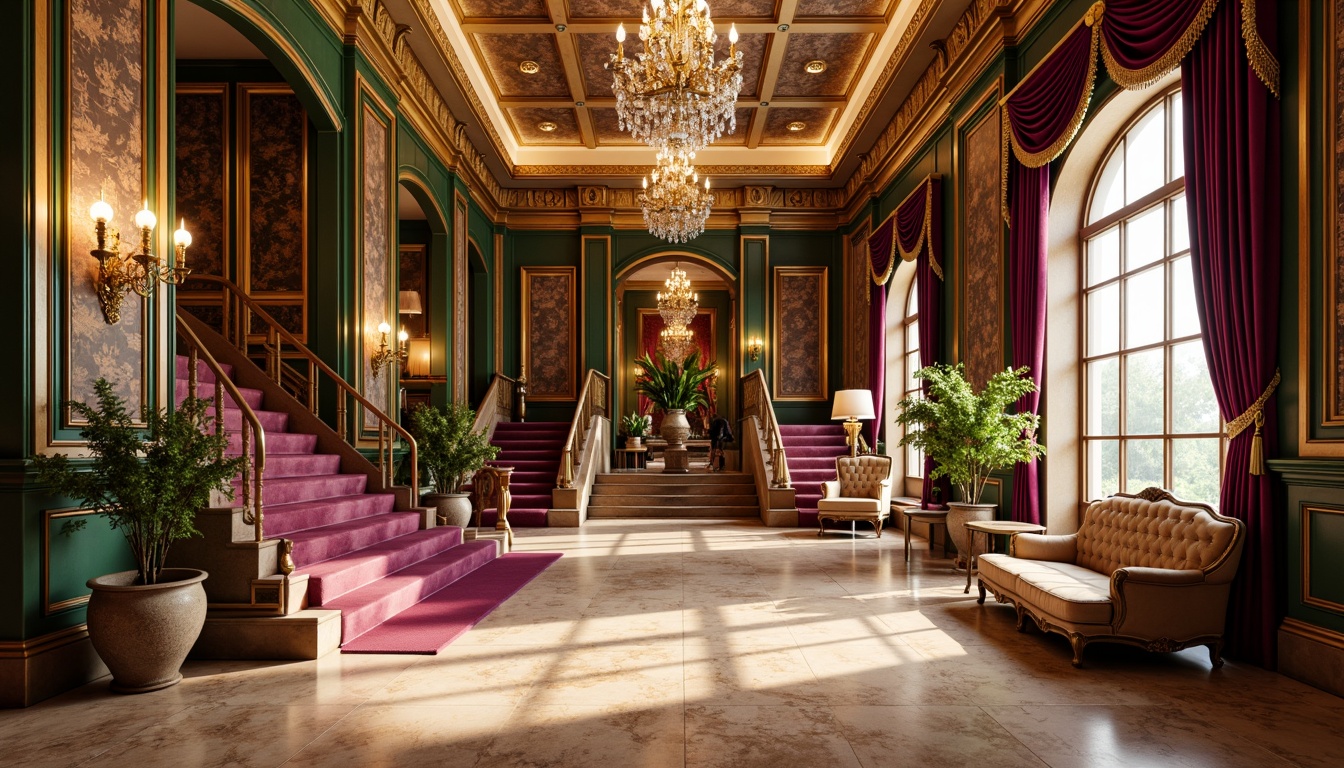 Prompt: Luxurious velvet drapes, rich gold accents, ornate mirrors, lavish chandeliers, grandiose staircases, intricate wood carvings, warm beige marble floors, opulent red and gold upholstery, dramatic coved ceilings, sparkling crystal fixtures, sumptuous emerald green walls, golden leaf patterns, soft warm candlelight, Baroque-inspired architectural details, highly ornate moldings, rich jewel-toned tapestries, lavish floor-to-ceiling drapery, majestic arched windows, regal purple and gold accents, extravagant floral arrangements.