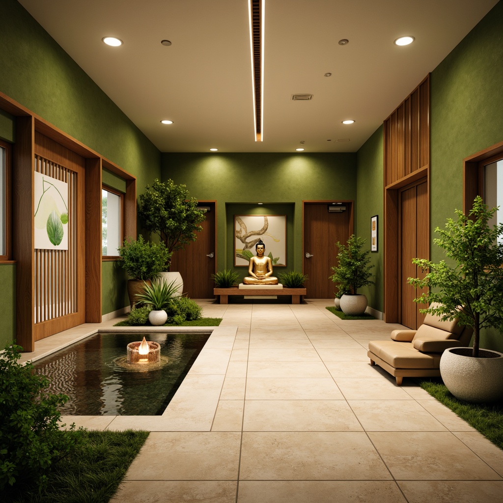 Prompt: \Serene Asian-inspired hospital interior, soothing green walls, natural wood accents, calming water features, gentle lantern lighting, peaceful Buddha statues, lush indoor plants, warm beige flooring, minimalist decor, subtle traditional patterns, soft golden lighting, shallow depth of field, 1/2 composition, realistic textures, ambient occlusion, healing atmosphere.\Please let me know if this meets your expectations!