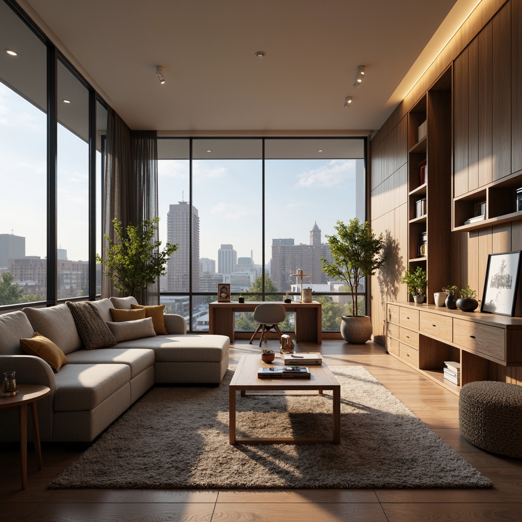 Prompt: Cozy living room, plush sofas, minimalist coffee table, natural wood flooring, soft warm lighting, floor-to-ceiling windows, urban cityscape view, functional storage units, ergonomic chairs, modern artwork, calming color scheme, textured rugs, corner reading nook, built-in shelving, task-oriented desk layout, 1/1 composition, realistic textures, ambient occlusion.