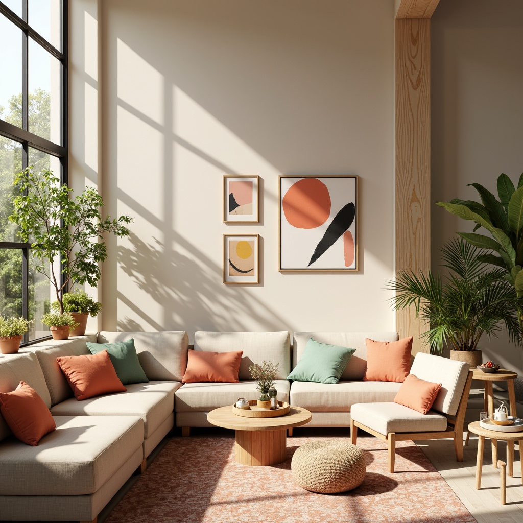 Prompt: Vibrant design studio, trendy furniture, pastel color palette, soft peach tones, calming mint greens, creamy whites, rich wood accents, modern minimalist decor, natural textiles, eclectic artwork, abstract geometric patterns, warm golden lighting, shallow depth of field, 1/2 composition, realistic textures, ambient occlusion.