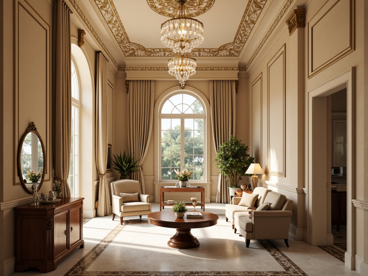 Prompt: Luxurious neoclassical interior, ornate moldings, gilded accents, rich wood tones, creamy marble surfaces, soft velvet fabrics, warm beige walls, elegant crystal chandeliers, subtle gold leaf patterns, refined antique furniture, sophisticated neutral color scheme, ivory white trim, taupe leather upholstery, majestic crown molding, dramatic floor-to-ceiling drapery, opulent furnishings, classic 3/4 composition, warm golden lighting, soft focus, shallow depth of field.