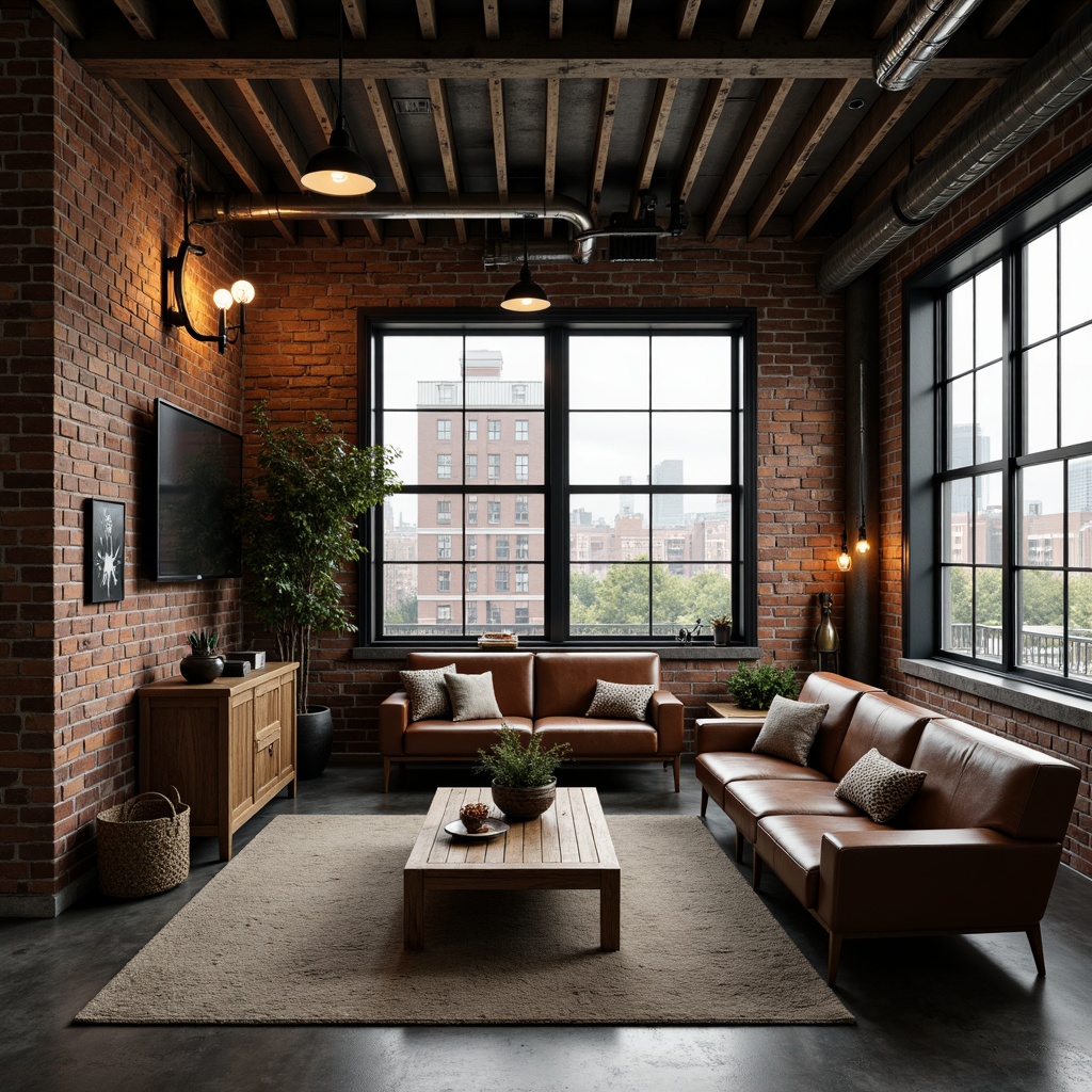 Prompt: Exposed brick walls, metal beams, reclaimed wood furniture, industrial-style lighting fixtures, vintage factory tools, distressed leather sofas, urban loft atmosphere, concrete floors, minimalist decor, functional shelving units, Edison bulbs, exposed ductwork, mechanical artifacts, metallic accents, urban landscape views, gritty textures, dramatic shadows, high-contrast lighting, cinematic composition.